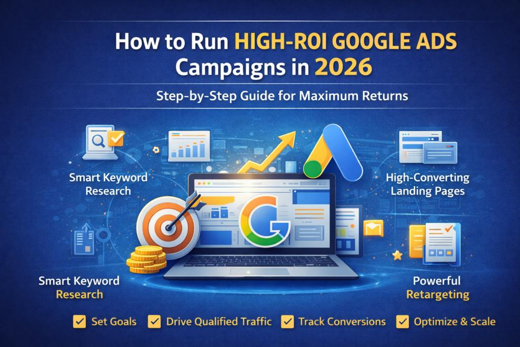 How to run high ROI Google Ads campaigns in 2026 with keyword research, smart targeting, landing page optimization, and conversion tracking strategies.