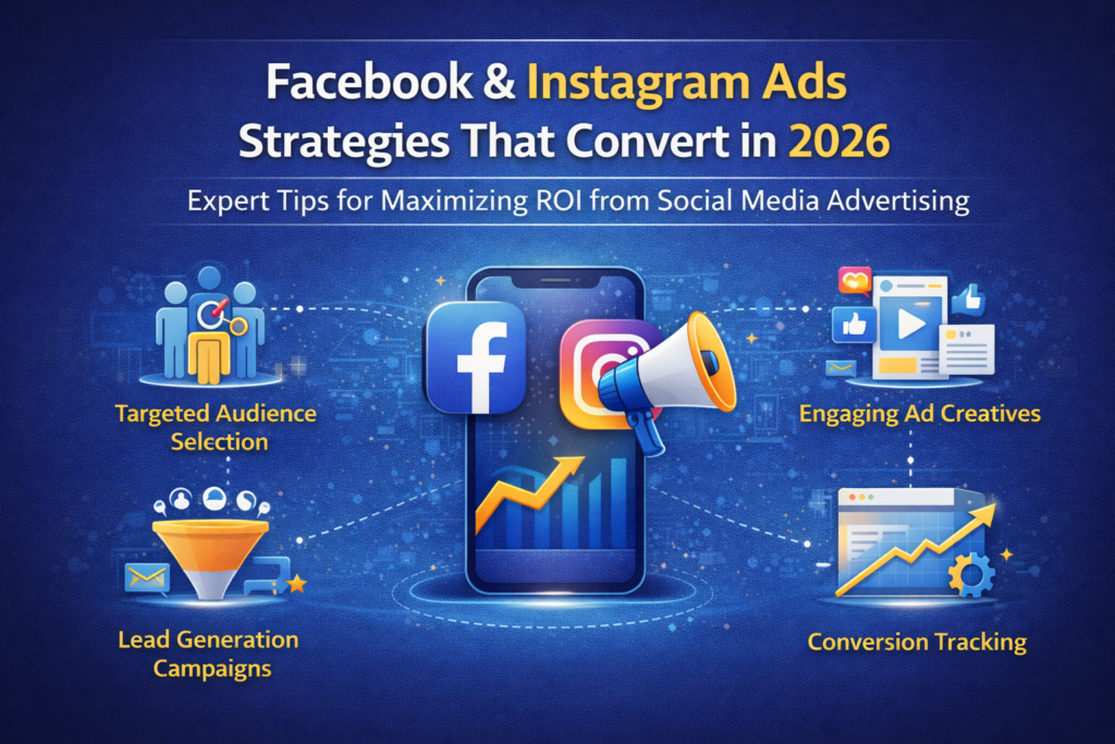 Facebook and Instagram Ads strategy infographic showing social media funnel, targeting methods, retargeting campaigns, and conversion optimization in 2026.